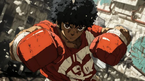 Anime boxer in red gloves positioned in forward punch stance.