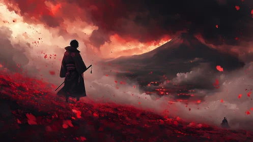 Samurai silhouette before erupting volcano in crimson storm.