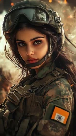 Steady gaze of a determined Indian woman soldier in battle