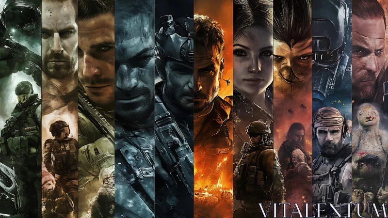 Composite vertical panels show multiple armed futuristic soldiers