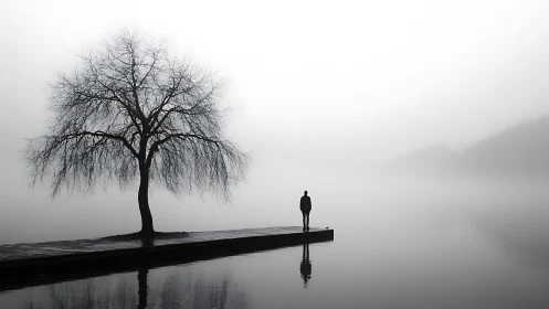 Solitary figure on a foggy lakeside pier embraces quiet reflection