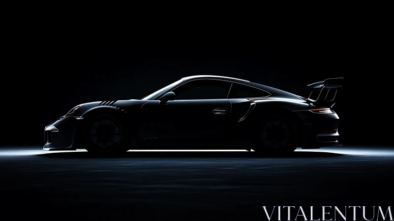 Sleek sports car silhouette cuts through dramatic studio darkness