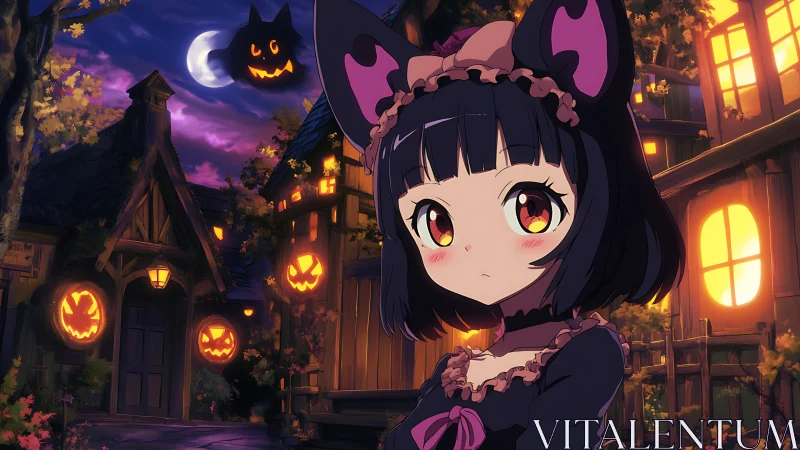 Moonlit cat-eared witchling among glowing pumpkin grins.