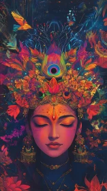 Divine portrait with peacock plume and luminous florals.