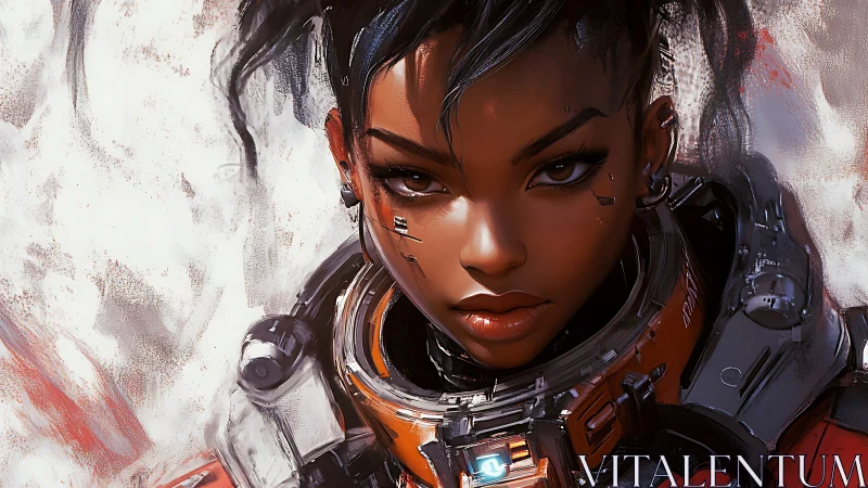 Futuristic space pilot portrait with detailed orange exosuit.