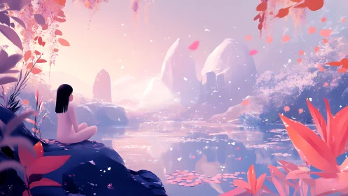 Woman sitting by serene lake in pastel fantasy landscape.