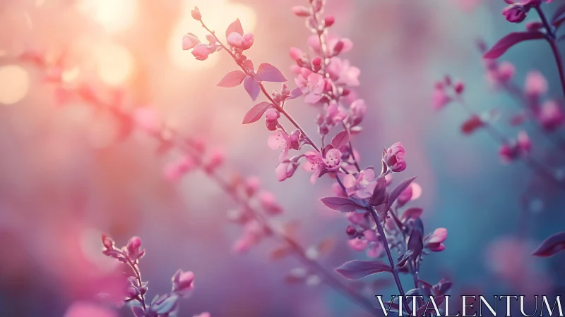Pink Floral Branches Illuminated By Soft Golden Light.