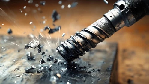 Metal drill bit cutting steel with dynamic flying shards.