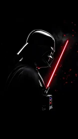 Helmeted dark figure holds red glowing sword in profile