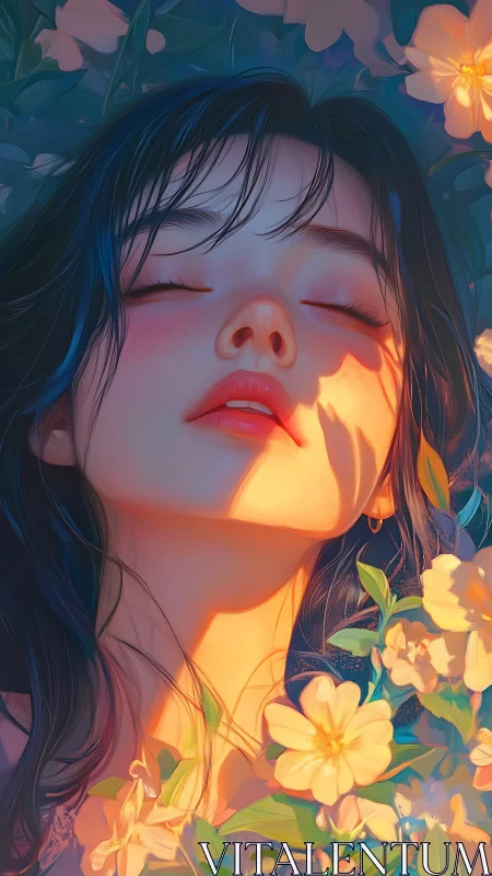 Digital portrait girl in golden light amid blooming flowers.