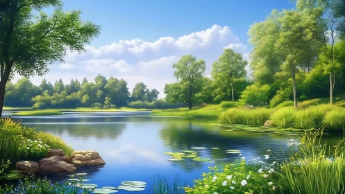 Serene summer lake reflects lush trees and drifting clouds