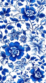 Monochrome cobalt floral engraving with dense ornamental tiling.