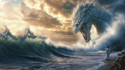 Towering sea dragon confronts lone robed figure at sunrise.