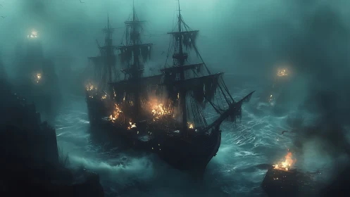 Fiery ghost ship glides through stormy fog and restless sea