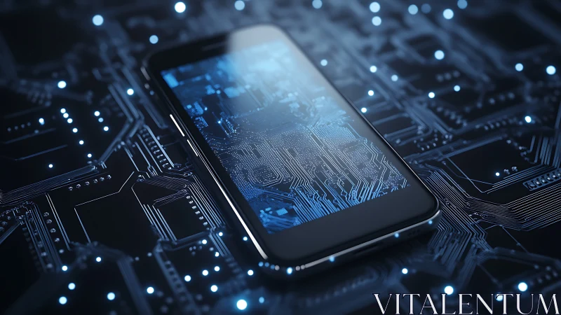 Smartphone on glowing circuit board surface, digital tech focus.