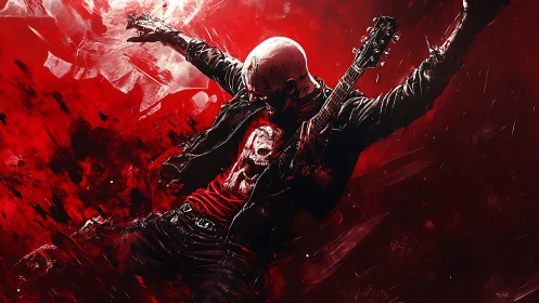 Skull-masked guitarist falling through crimson abstract void.