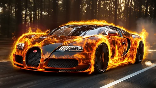 Bugatti Chiron engulfed in dynamic flame effects racing through forest.
