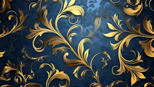 Ornate gold baroque foliage scrolls on textured blue field
