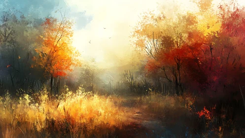 Autumn forest clearing glowing in soft atmospheric light.