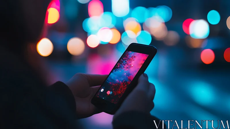 Smartphone screen glows against neon city bokeh at night.