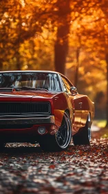 Crimson muscle car lounges beneath a glowing autumn canopy