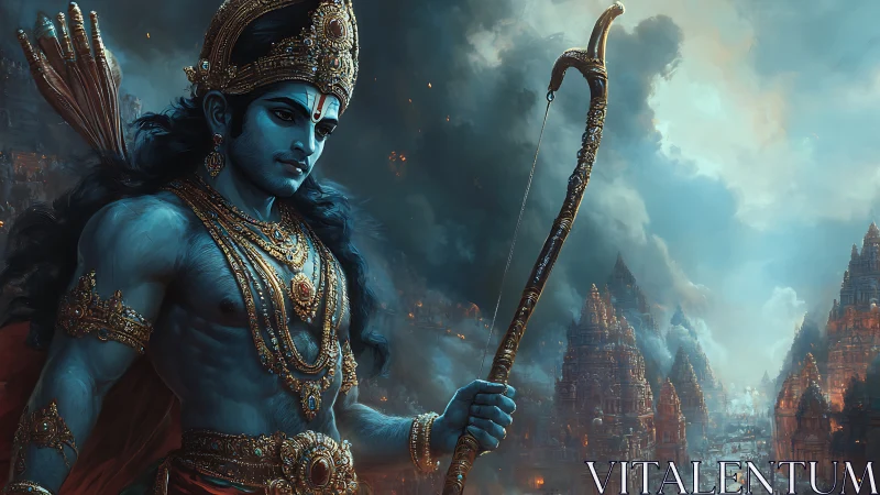 Majestic blue warrior guarding ancient skybound temples.