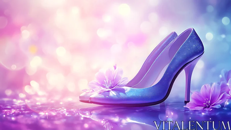 Blue high heels with flowers on soft bokeh background.
