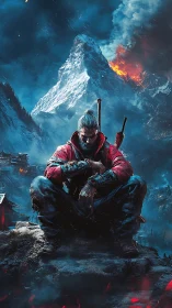 Storm-hardened warrior rests before a blazing mountain battlefield