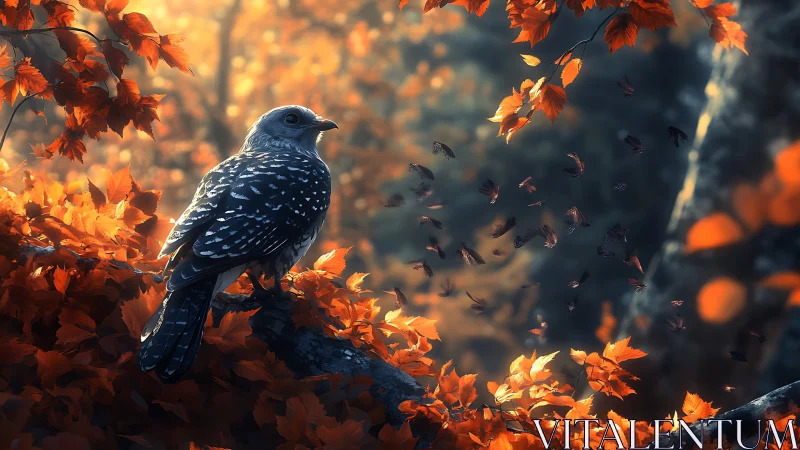 Spotted bird on autumn branch with falling leaves in soft light.