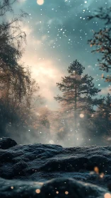Volumetric winter forest backlit by diffused sunrise glow.