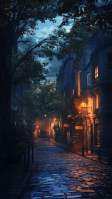 Moonlit cobblestone lane whispers under amber lamplight.