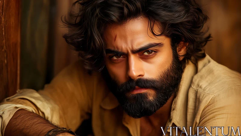 Bearded man with intense gaze leans forward in warm light