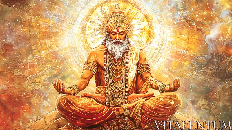 Radiant golden sage in lotus pose before luminous mandala