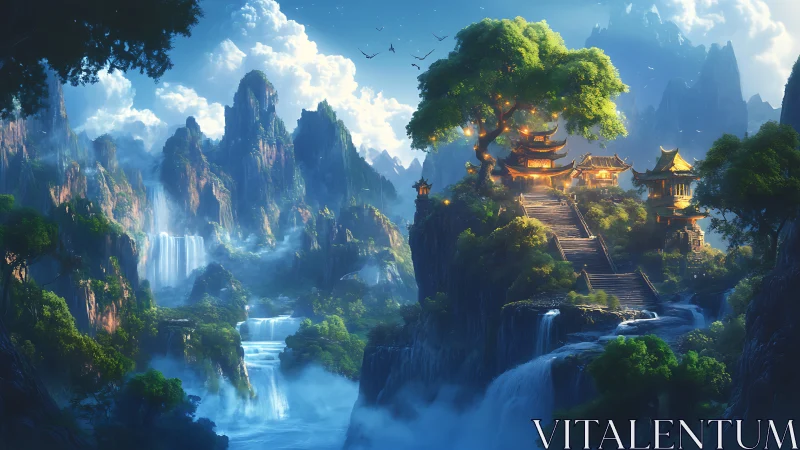 Terraced cliffside temple complex above tiered mountain waterfalls