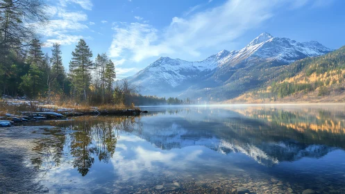 Snowlit peaks mirror in a glassy alpine lake at blue dawn.