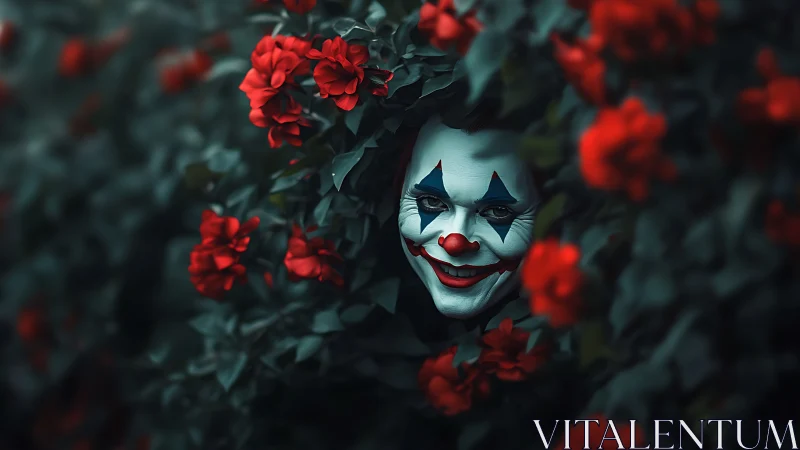 Clown face peers through dense red flowers in dark foliage