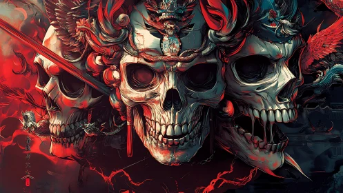 Triadic demonic skull totems in red cyan chromatic fury.