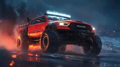 Blazing off road truck charges boldly through stormy night