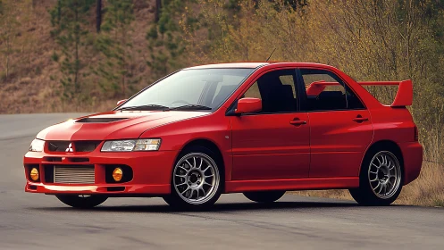 Red Mitsubishi Lancer Evolution sports sedan on forest road.