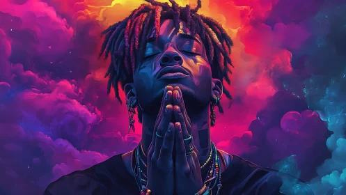 Neon-lit portrait depicts praying figure amid high-saturation nebula