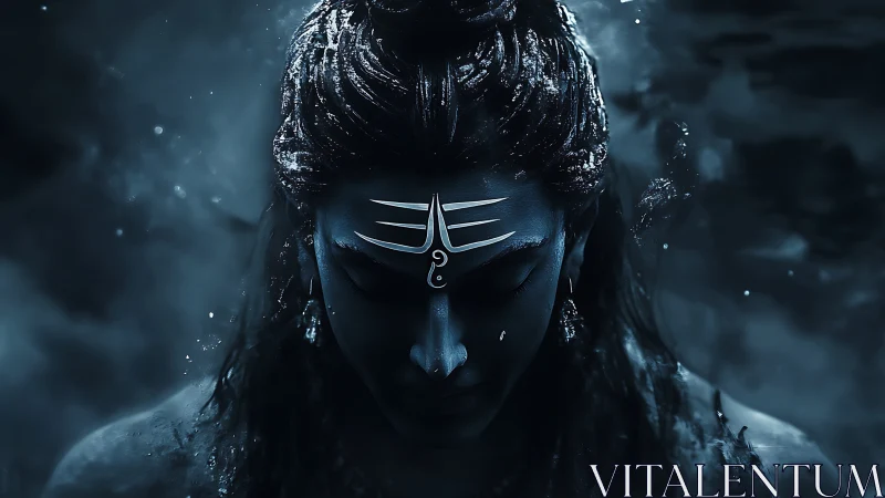 Divine blue figure bows in meditative cosmic silence.