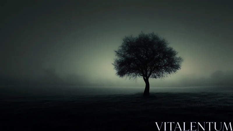 Solitary tree silhouette in low light over open field.