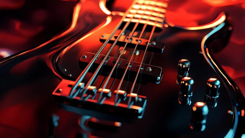 Closeup electric bass guitar with red bokeh studio lighting