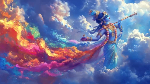 Blue deity with flute amid swirling multicolor clouds.
