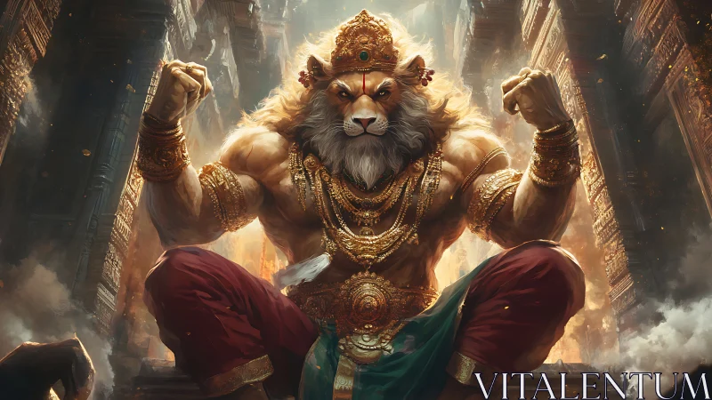 Lion-headed warrior deity in ornate temple interior, dynamic pose.