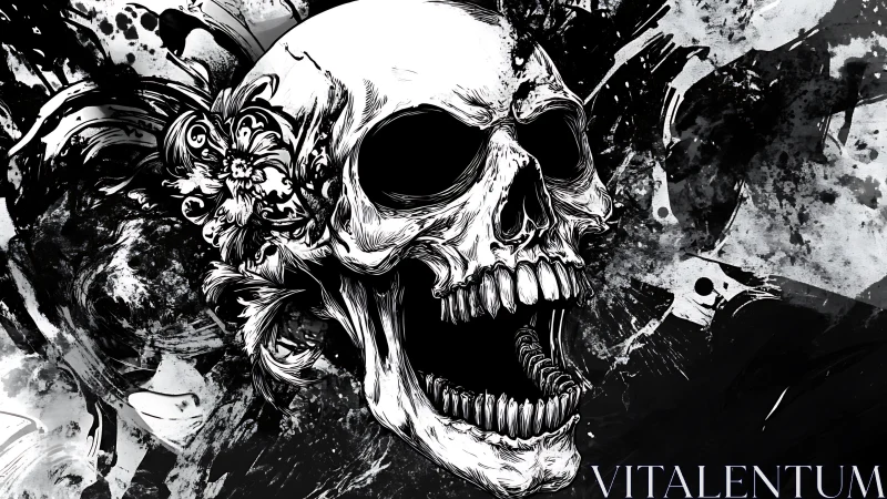 High-contrast ink skull illustration merges floral filigree and splatter dynamics