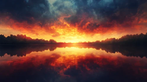 Fiery sunset sky blazes over tranquil mirrorlike forest lake