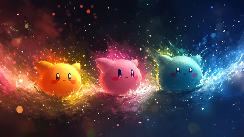 Triad of colored round creatures in abstract splash field.