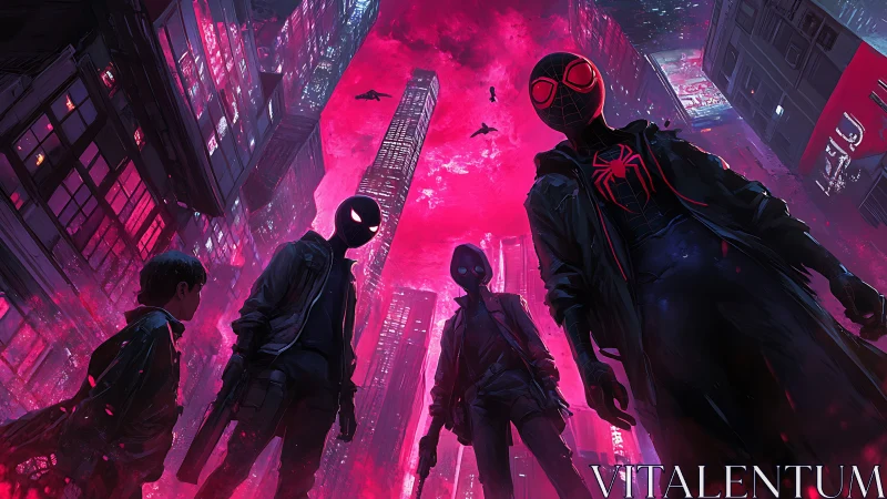 Masked urban figures under neon skyline in magenta cityscape.