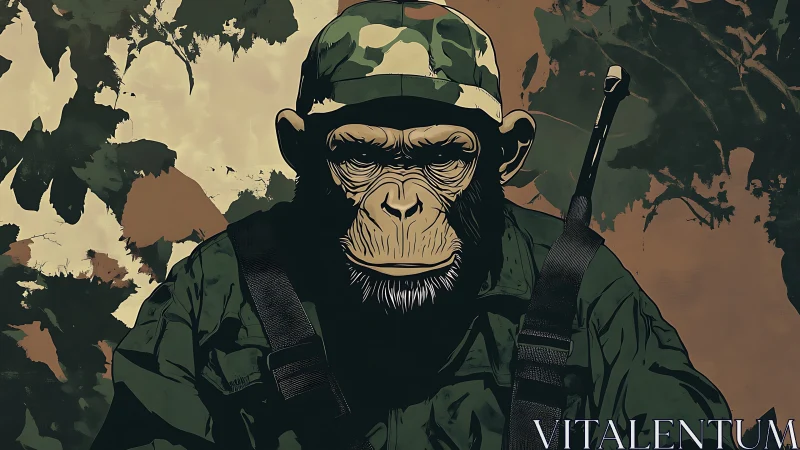 Thoughtful jungle chimp in bold soldier&rsquo;s camouflage gear.